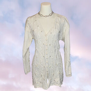 Vtg 80s White Knit Button Up Beaded Coquette Mori Kei Cottage Cardigan Sweater M